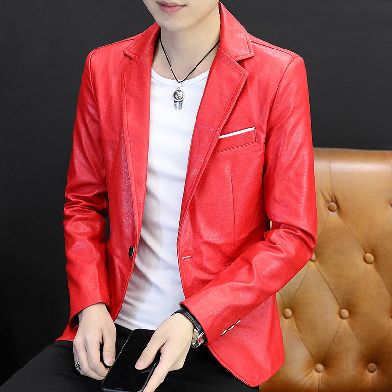 一件代发2022男士个性流帅气西服红色学生秋冬季修身机车服西装外