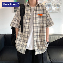 NASA港风宽松大码格子短袖衬衫男士夏季百搭半袖韩版潮流衬衣外套