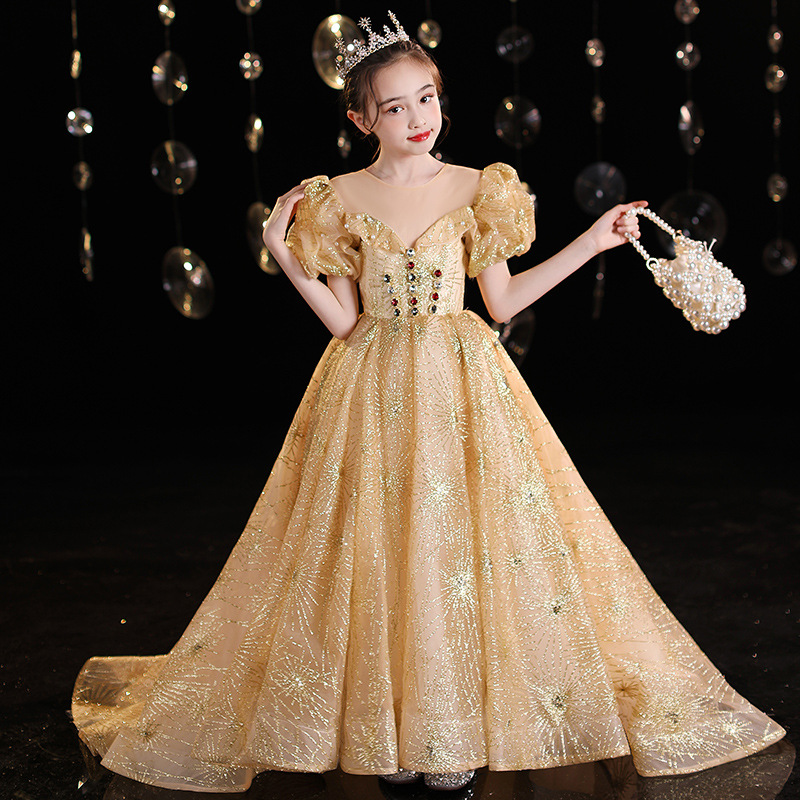 儿童礼服金色拖尾儿童蓬蓬纱主持人婚纱走秀生日钢琴演出服春夏款