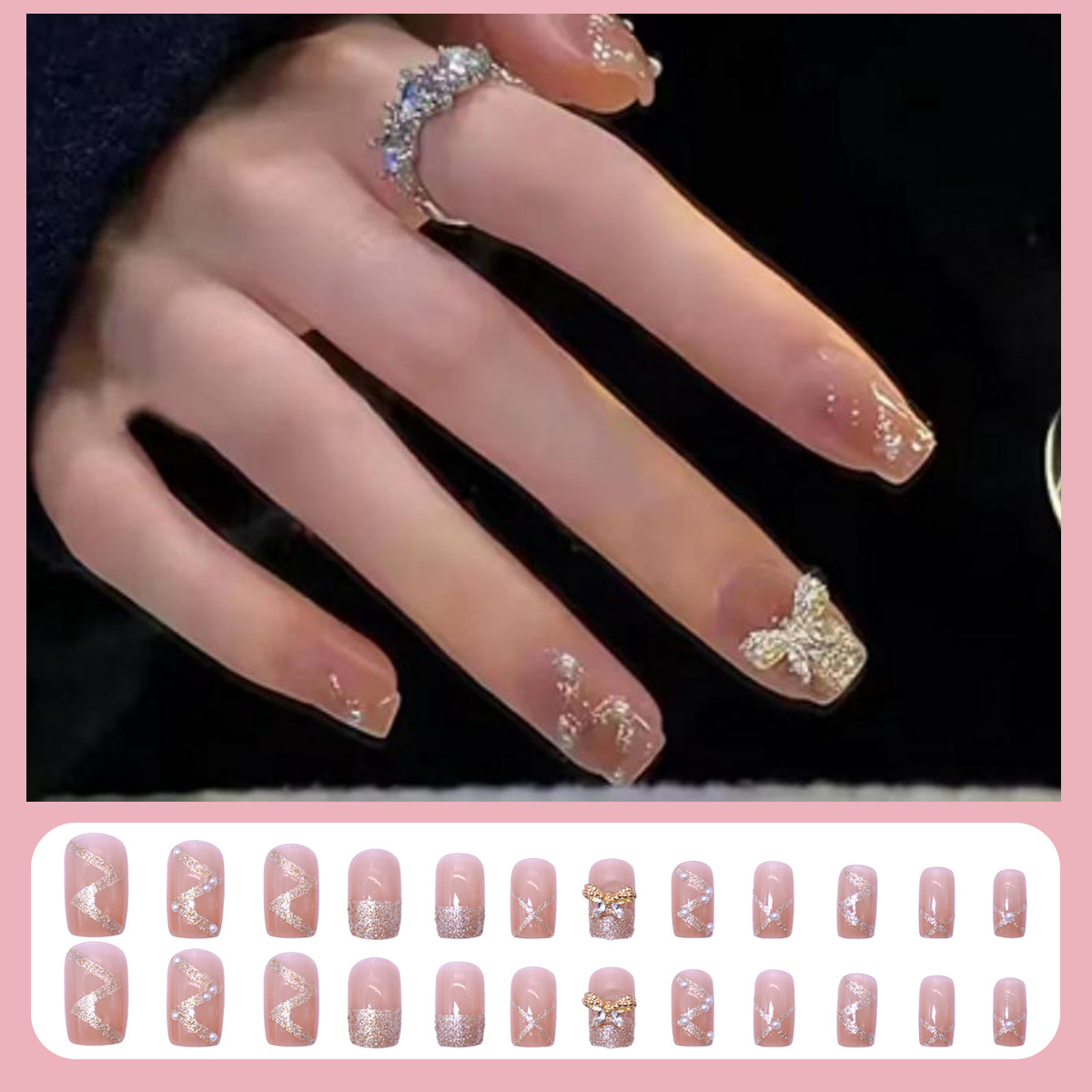 Plaid Wear Nail Nail Tip Semi-Finished Product Ice Transparent Blooming Blush Nude Color Manicure Wholesale Detachable Nail Tip 24 Pieces Box