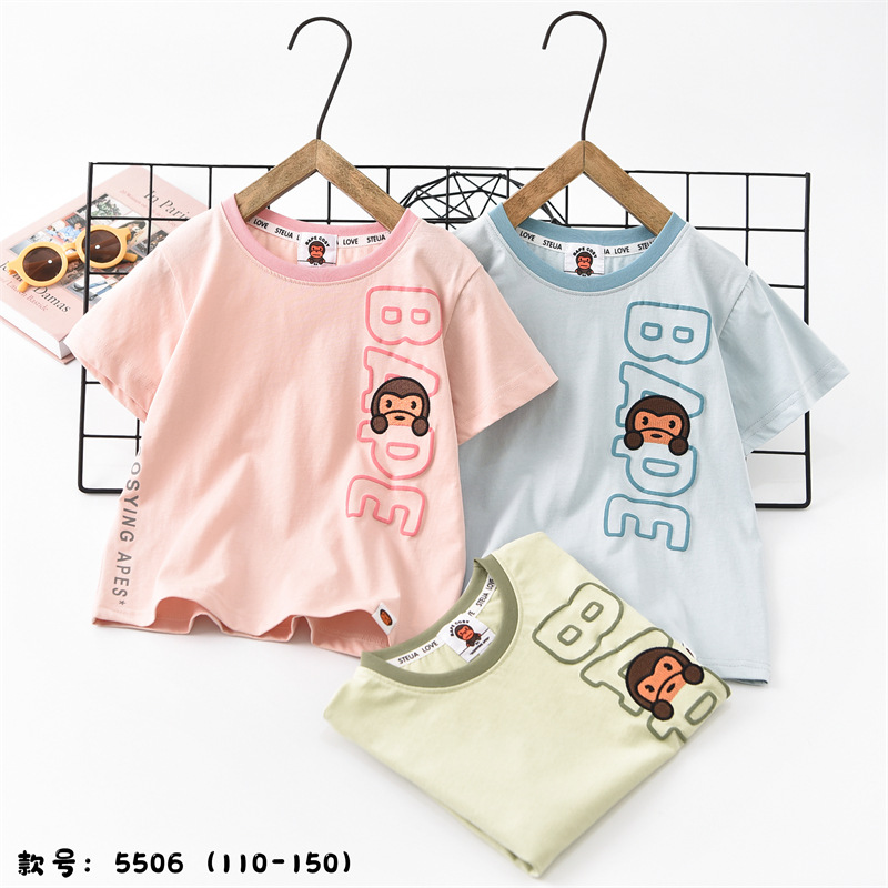 2024韩版夏款中大童男童女童T恤猴子头像水印印花冰瓷棉凉感短袖T