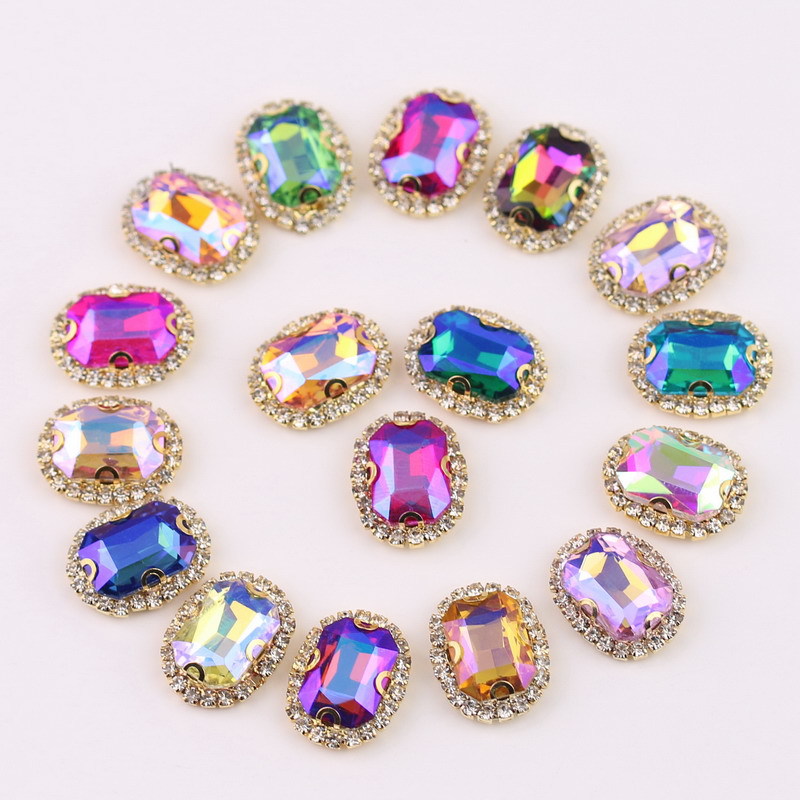 Rectangular Octagonal Glass AB Colorful Crystals Buckle Claw Chain Surrounding Border Four Holes Hand Sewing Drill Decorative Diamond DIY Clothing Accessories Wholesale