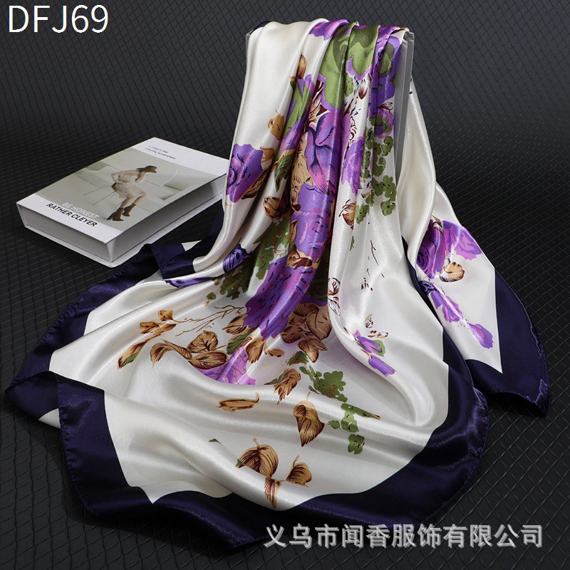 90cm Large Kerchief Women's Satin Satin Satin Emulation Silk Scarf Printed Headcloth Warm Decorative Scarf for Middle-Aged and Elderly People