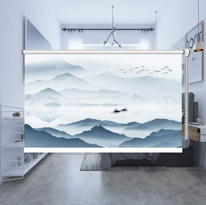 现代新中式水墨山水意境禅意办公室客厅遮光隔热拉珠升降卷帘窗帘