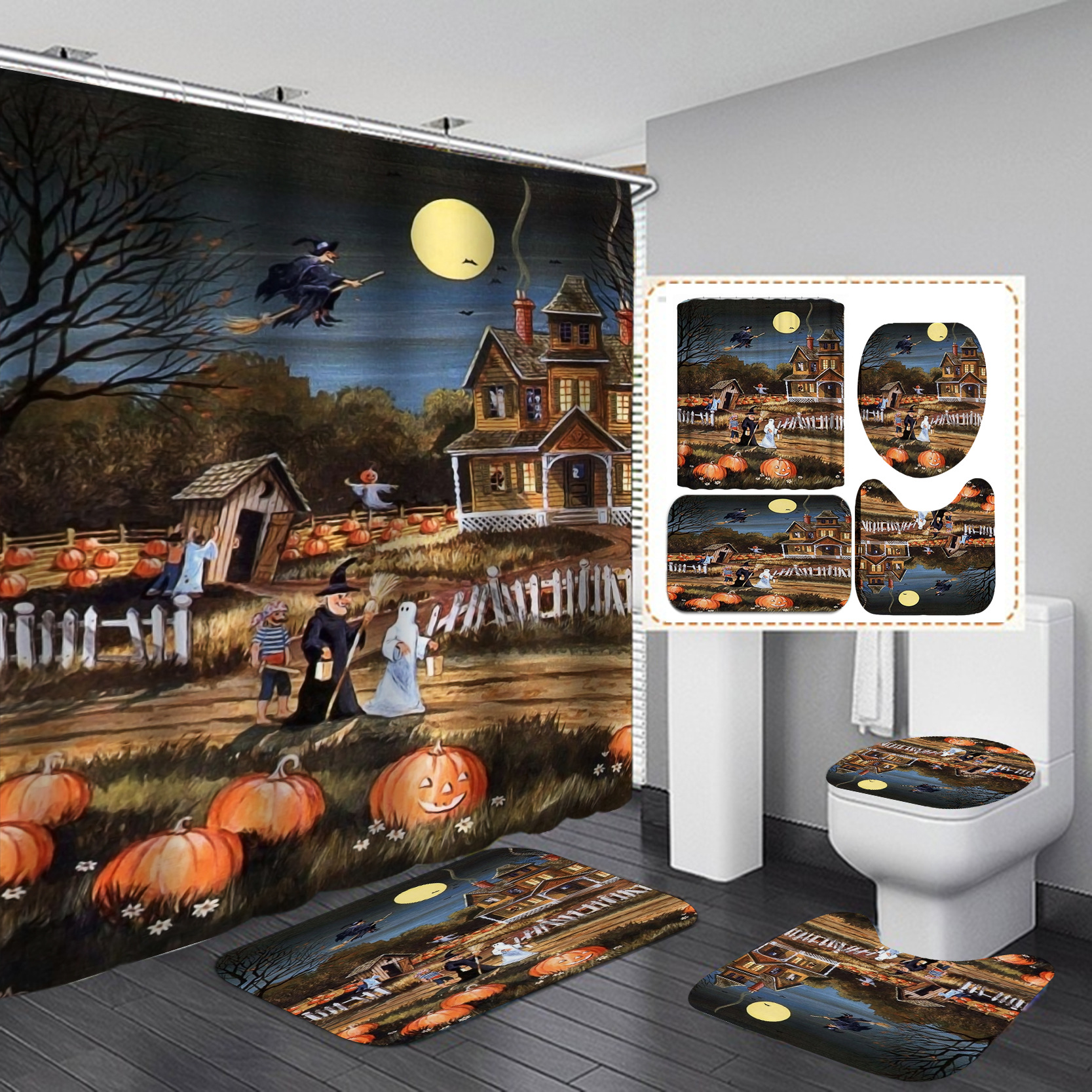 HD Digital Printing Shower Curtain Set Halloween Series Waterproof Punch-Free Partition Curtain Hotel Rain Curtain
