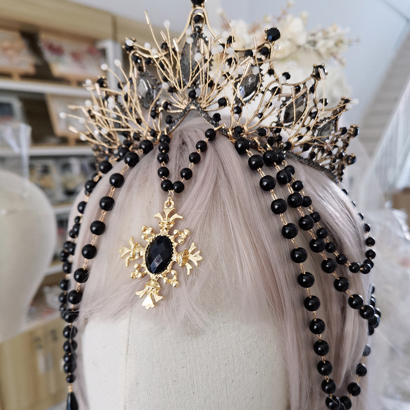 新款黑色洛丽塔黑色皇冠巴洛克复古珍珠王冠异域风发冠头饰女