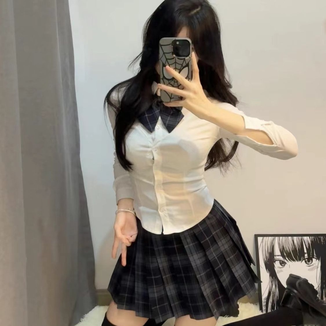 弹力收腰衬衫夏日学姐jk制服裙套装原创正版显身材衬衣格裙褶裙潮