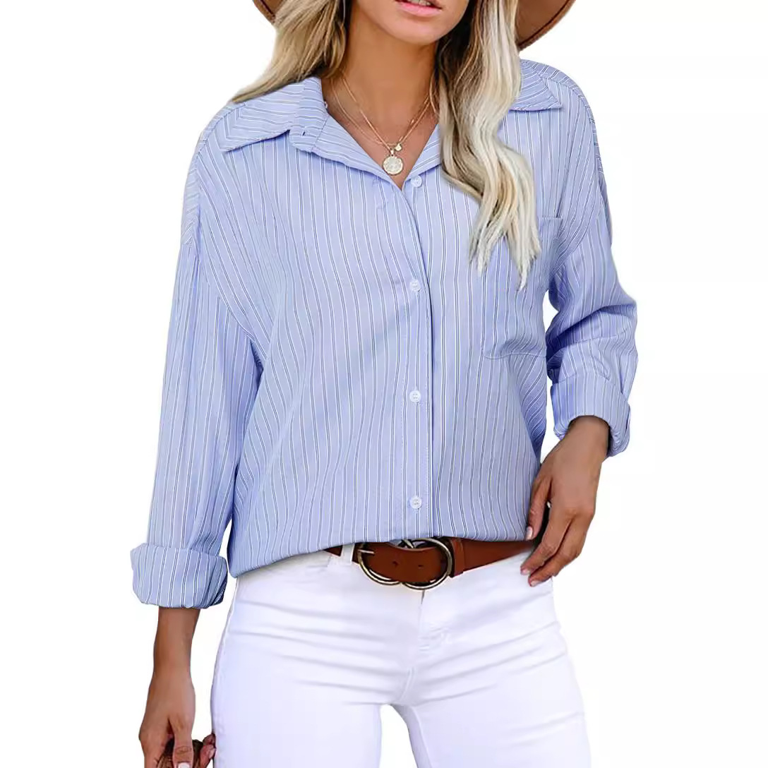 外贸女装衬衣 宽松条纹衬衫贴口袋职业女士上衣 跨境专供女士衬衫