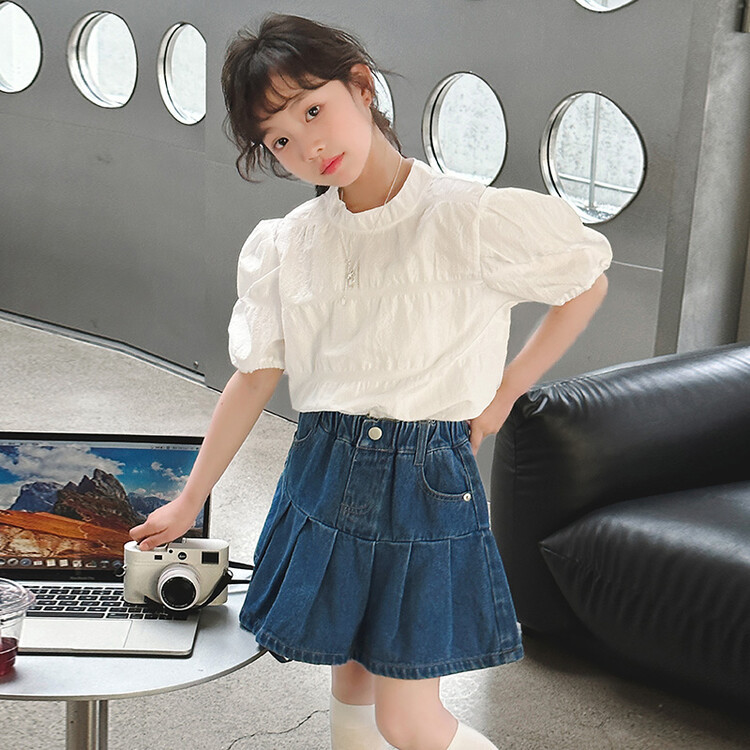 湖州织里童装夏季新款女童白衬衣牛仔短裙套装休闲两件套跨境代发