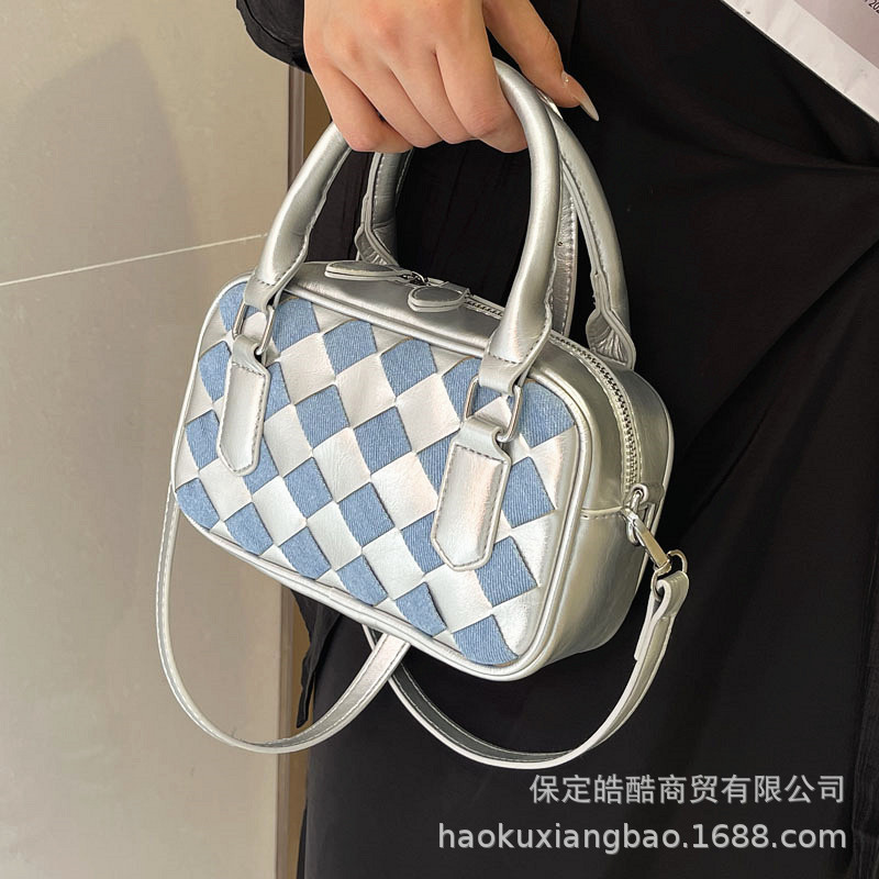 夏季手提通勤包包女2024新款潮编织菱格小方包百搭单肩斜挎包女包