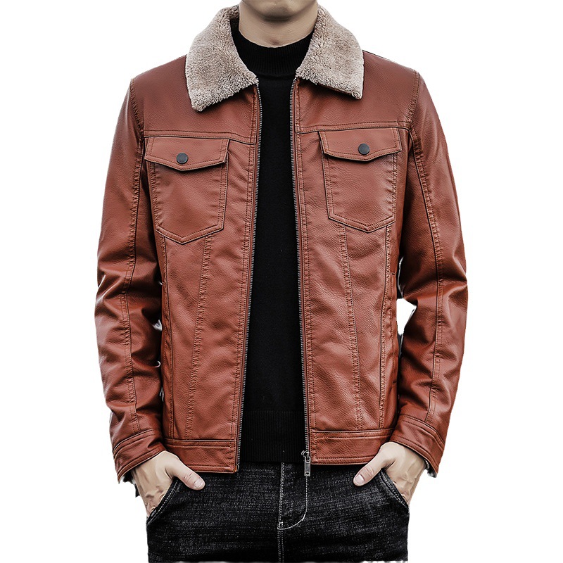 New Middle-Aged Men's Leather Jacket Dad Wear Autumn and Winter Pu Leather Workwear Jacket Trendy Coat Fleece-Lined Thickened Winter