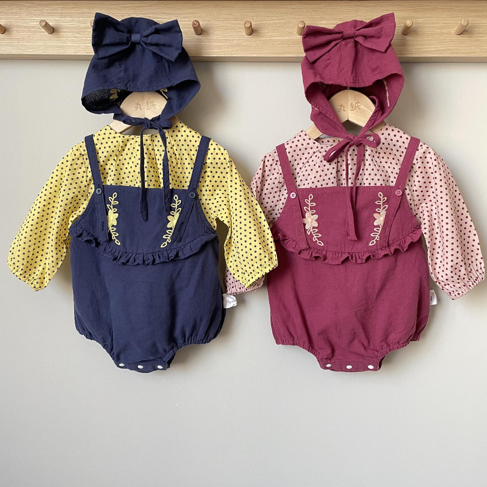 丸纸momokowz21z031春款2022新品童装连体潮牌婴儿波点绣花三件套