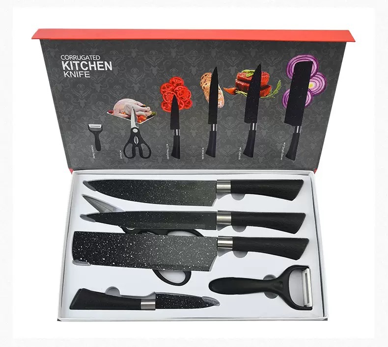 Stainless Steel Household Kitchen Knife Kit Painted Horseshoe Handle Starry Sky Ink Rice Stone Pattern Six-Piece Set