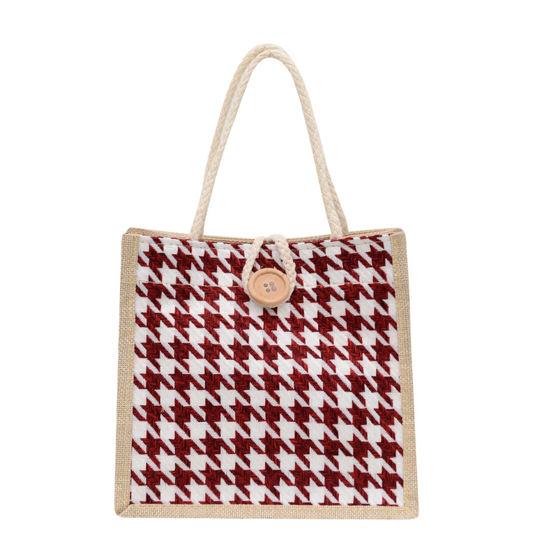 New Cotton Linen Handbag Women Tote Bag Large Capacity Durable Shopping Bag Fashion Houndstooth Student Lunch Bag