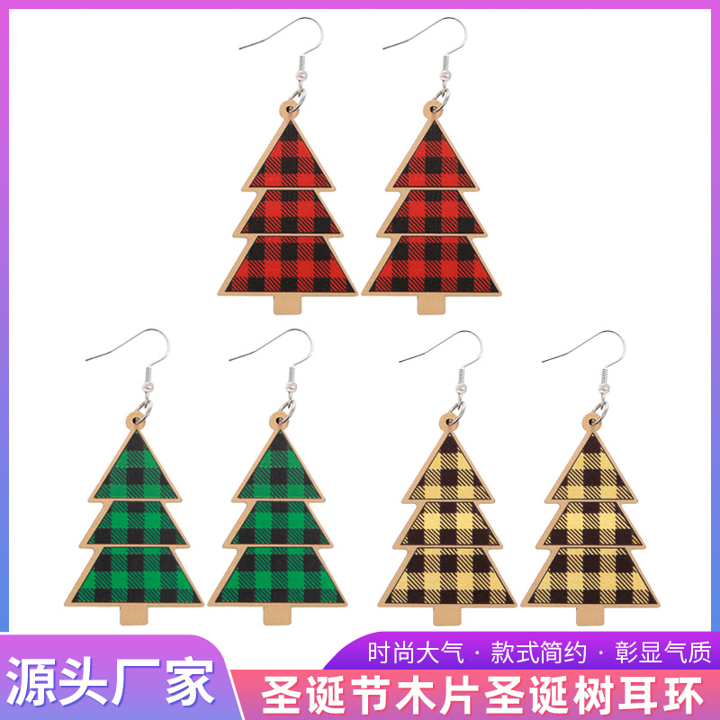 Christmas Christmas Tree Earrings Earrings European and American Festival Cross-Border Earrings Wood Piece Wooden Amazon Retro Plaid