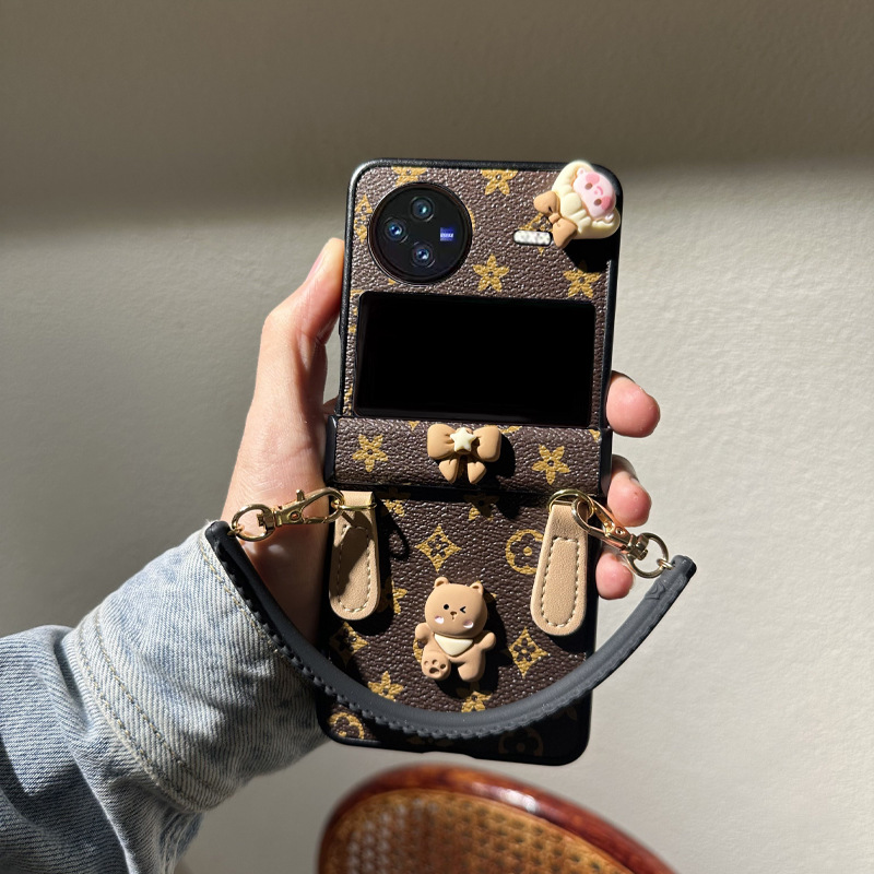 适用vivoxflip手机壳折叠复古老花卡通小熊女孩铰链皮手提保护套