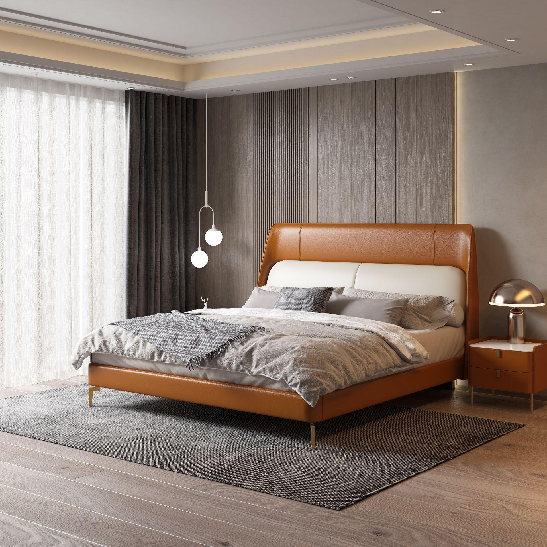 意式极简真皮床 头层牛皮现代简约小户型主卧双人床北欧马鞍皮床