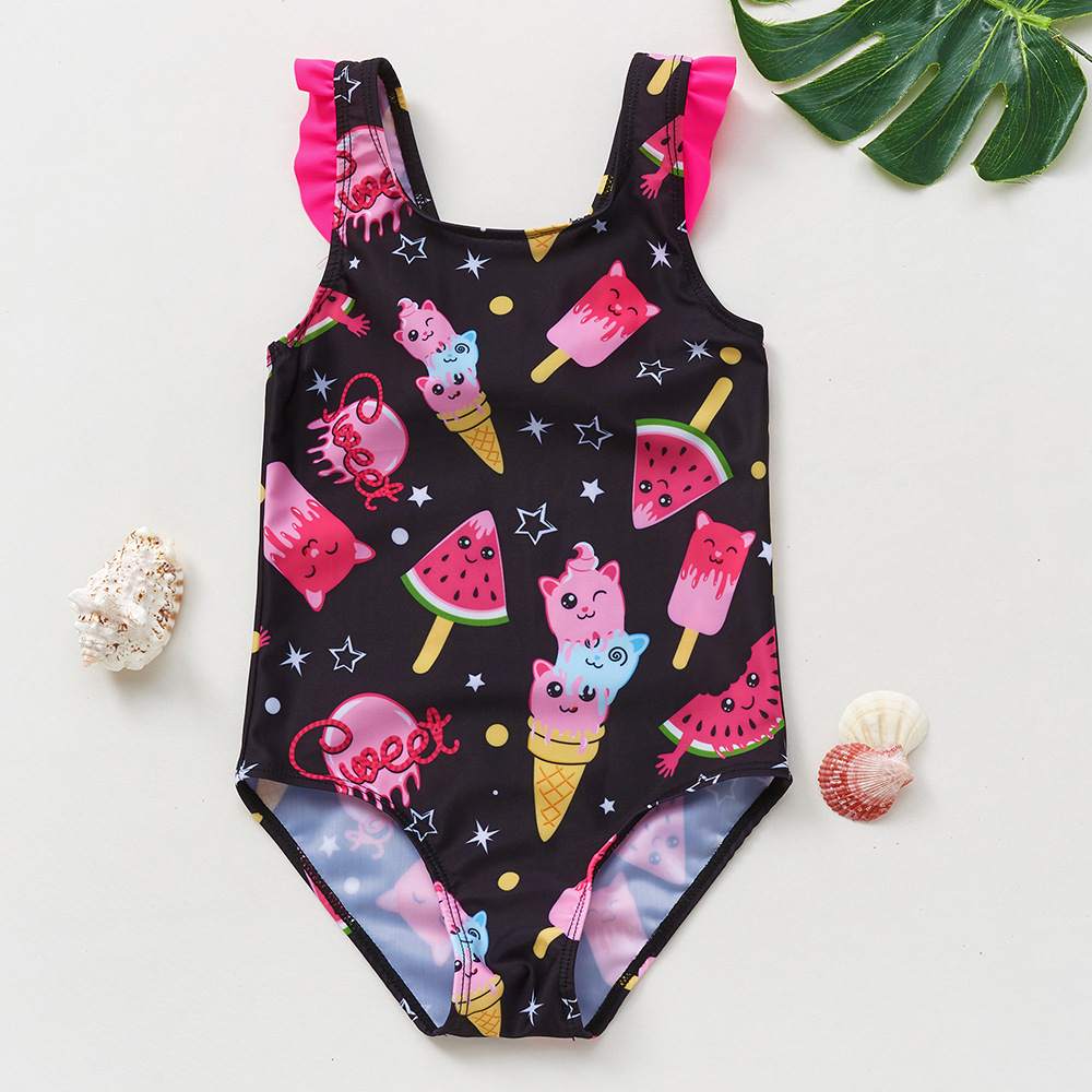 Products in Stock New 3~10 Years Old Children Swimsuit Cartoon Watermelon Ice Cream Printing Girl's Swimsuit
