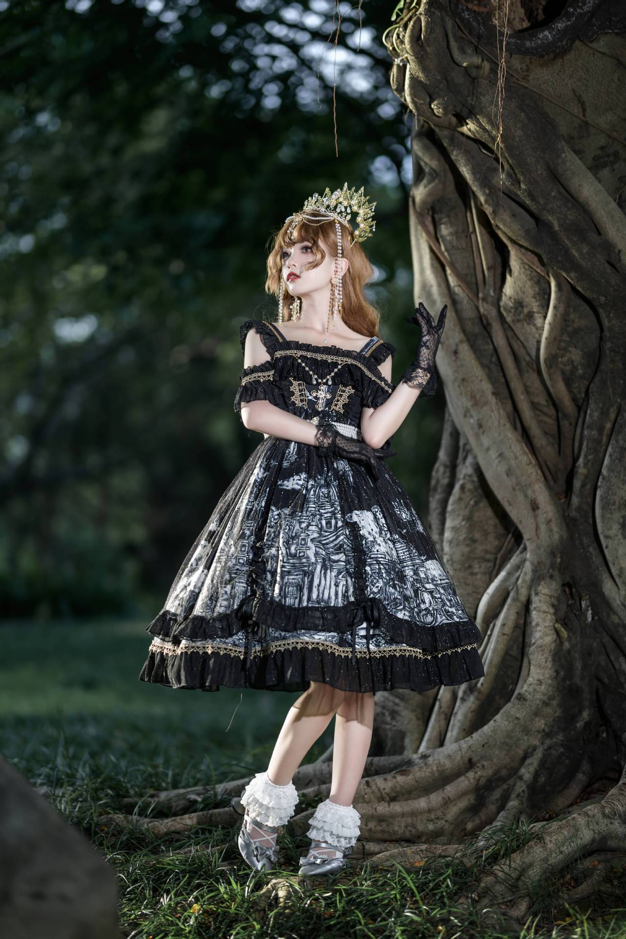 日式吊带一字肩洛丽塔原创lolita万圣狂欢夜暗黑哥特风jsk连衣裙