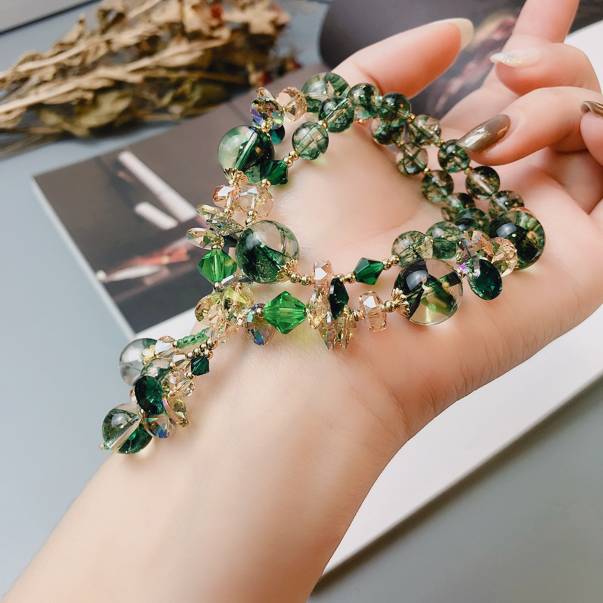 茶晶凤羽幽灵金发晶手链两圈奥地利水晶手串手工串珠饰品配饰首饰