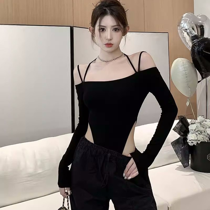 挂脖连体t恤女莫代尔人棉春秋纯欲风露锁骨露肩紧身辣妹性感上衣