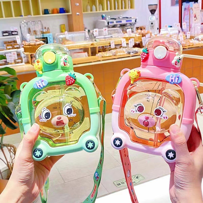 H182 Water Cup Summer Drop-Proof and Portable Cup with Straw Girls Good-looking Crossbody Water Cup Magic Bear Square Water Cup