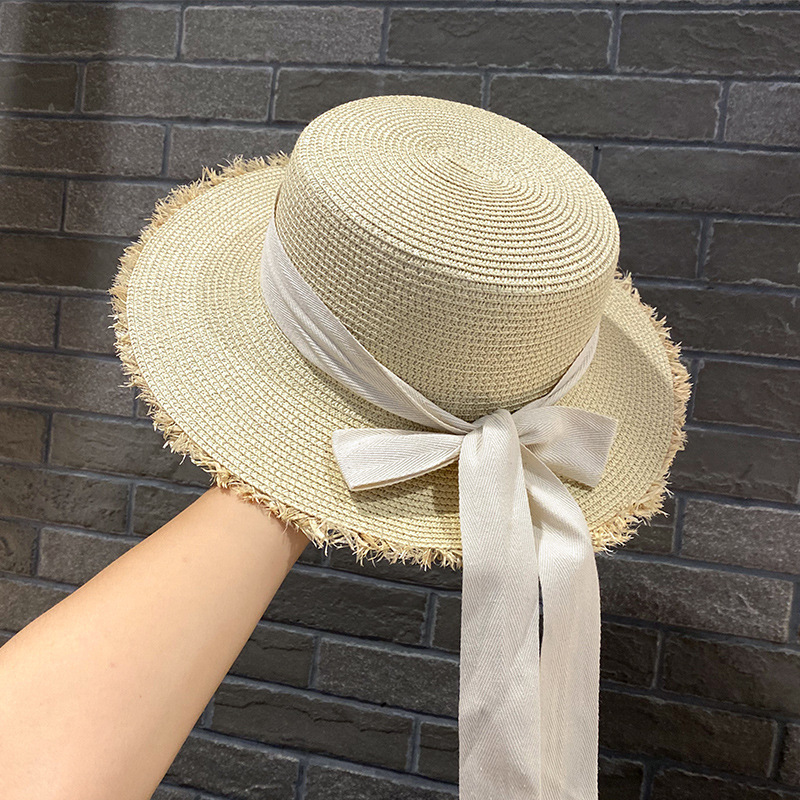 Japanese Style Fur Brim Straw Hat Fresh Ribbon Bowknot Sun Hat Female Seaside Vacation Beach Hat Flat Top Hat