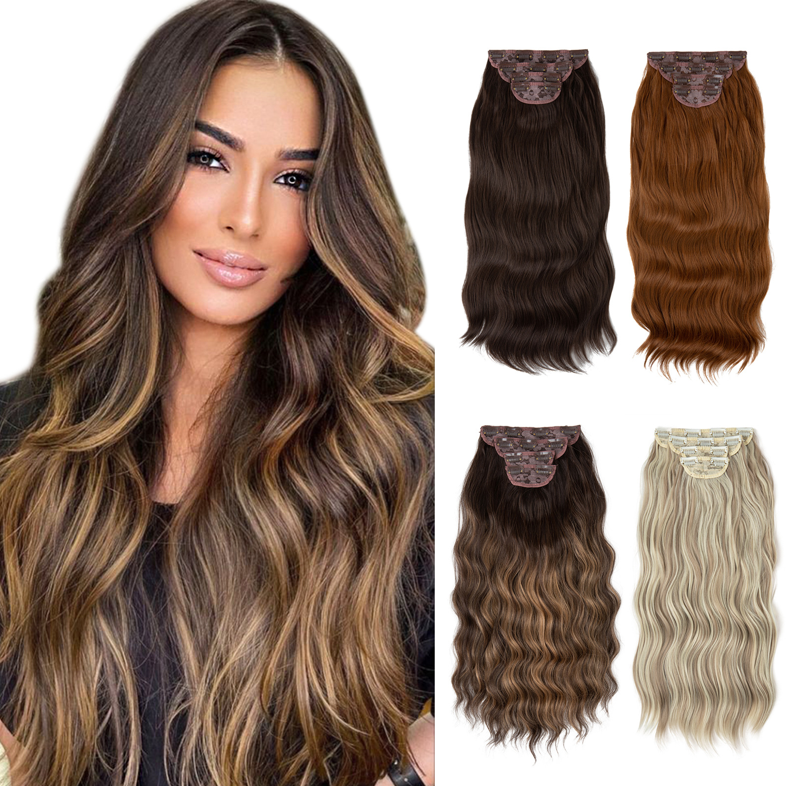 Independent Station European and American Wig Set Women's Four-Piece Set Hairpiece Clip Curly Hair Foreign Trade Hair Extension Clip in Hair