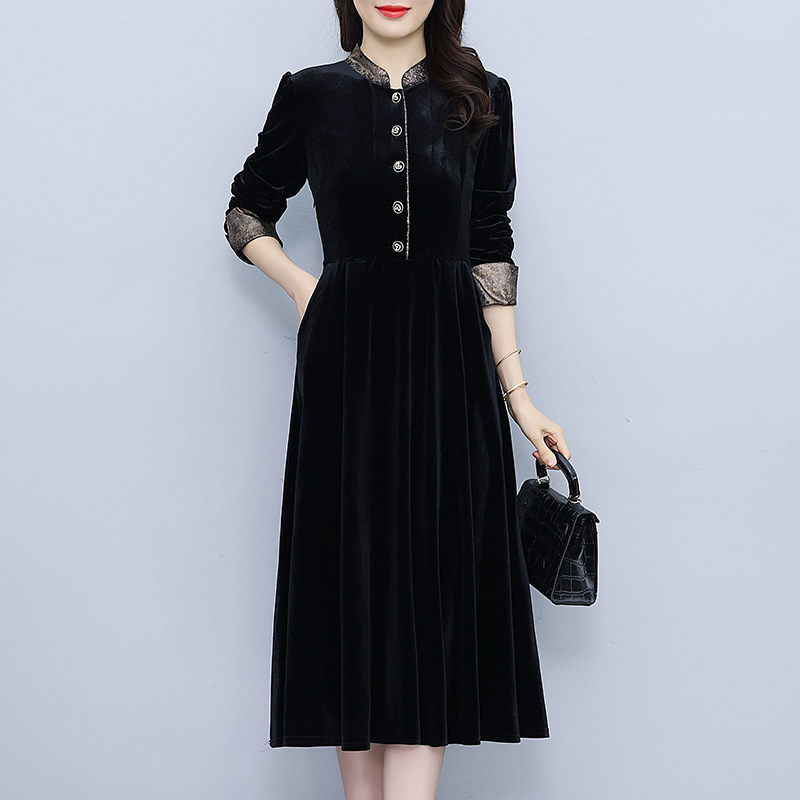 2024春季胖mm立领长袖金丝绒连衣裙气质有口袋中长款裙子-阿里巴巴