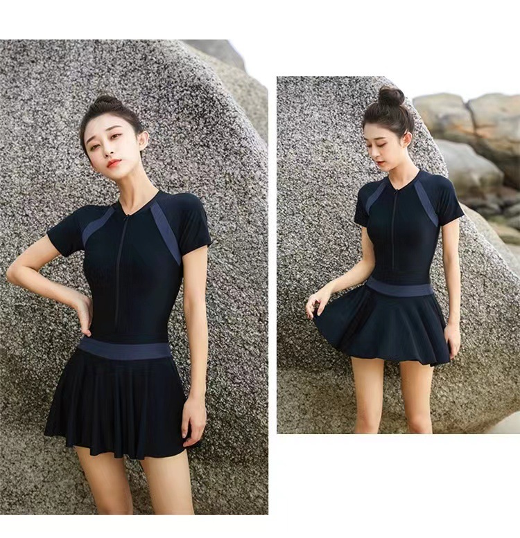 Summer New One-Piece Color Contrast Patchwork Swimsuit Student Skirt Conservative Swimwear One-Piece Swimsuit with Chest Pad Wholesale
