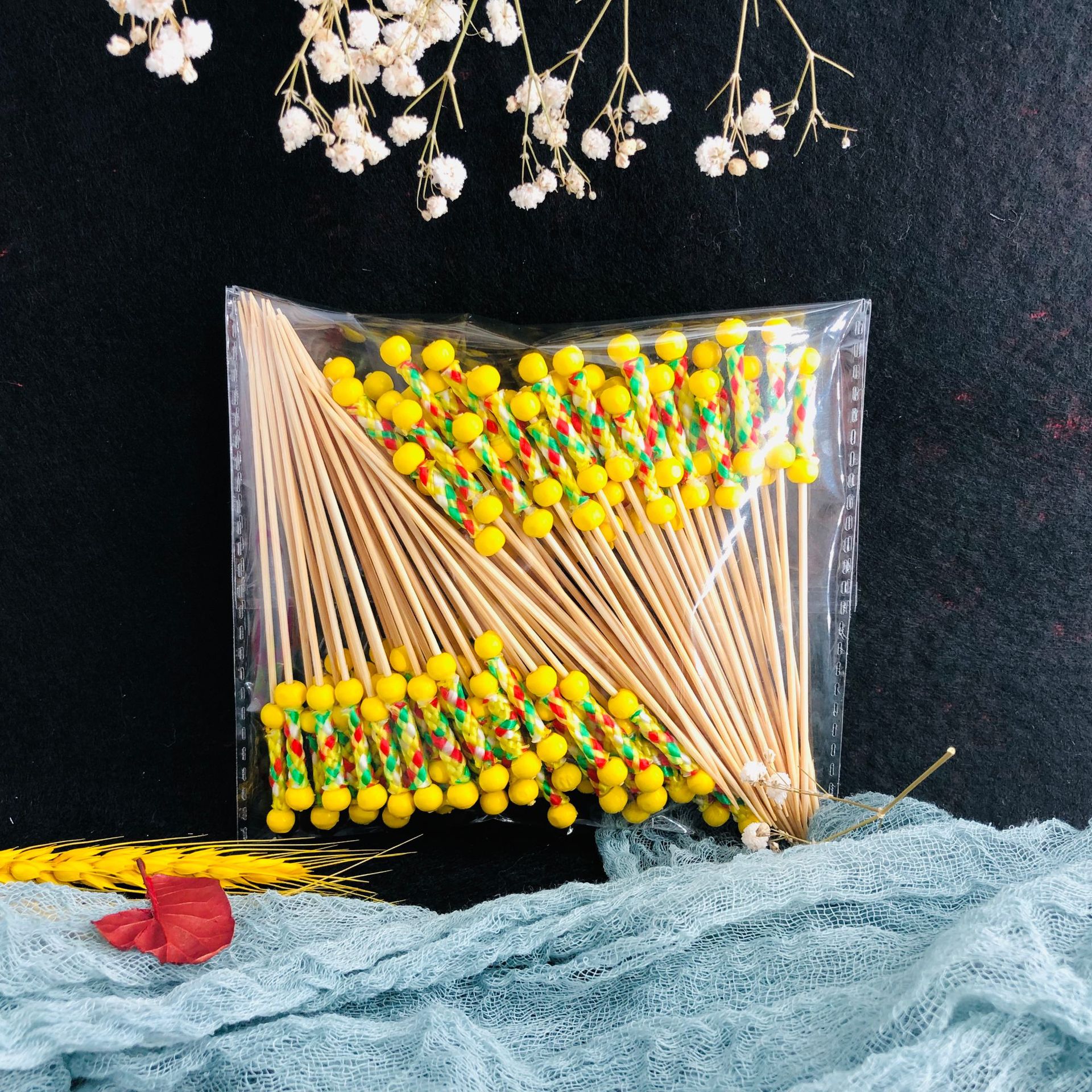 Bamboo Stick Fruit Toothpick Beads String Disposable Bead Stick Creative Cocktail Stick Wooden Barbecue Bamboo Double Bead Stick Mixed Color Wholesale
