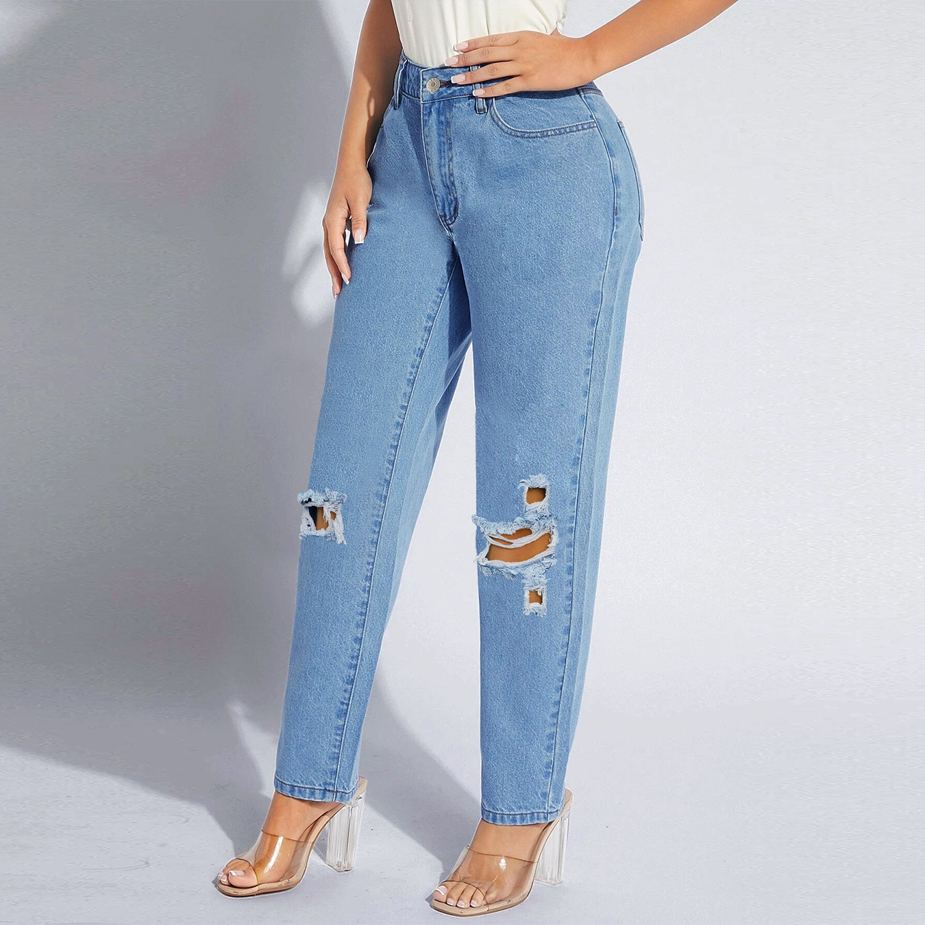 Dzt004# Europe and America Cross Border Amazon EBay AliExpress Wish plus Size Women's Ripped Denim Trousers