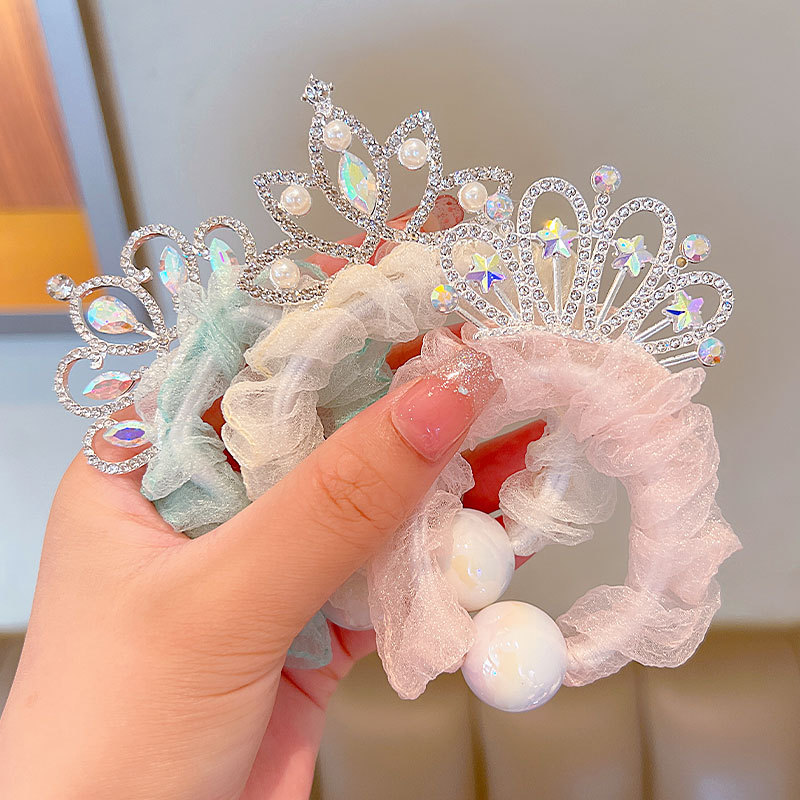 Crown Children's Large Intestine Hair Band Girls Ponytail Bun Headband Rubber Band Girls Pearl Yarn Yarn Sweet Headwear