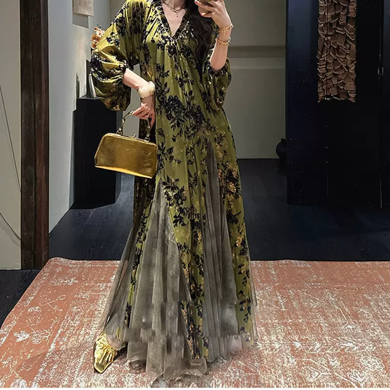 做货中【阑珊】烫金烧花冰花绒拼水墨纱裙组合春季新款气质连衣裙