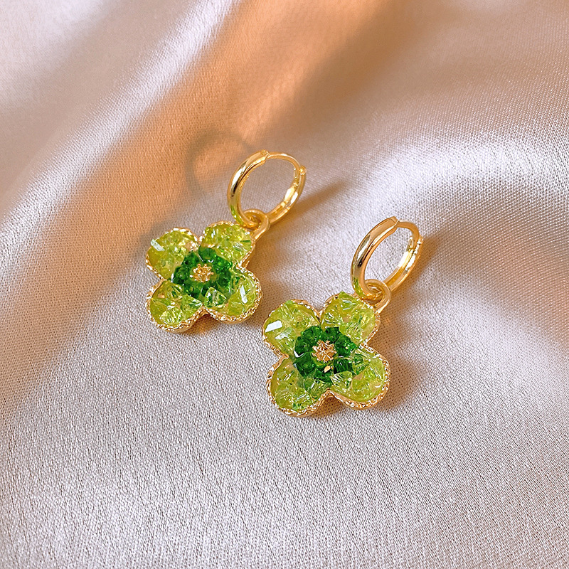 Fresh and Stylish Green Crystal Flowers Ear Clip Internet Celebrity Trendy Earrings Advanced Sentong Qin All-Match Earrings Wholesale