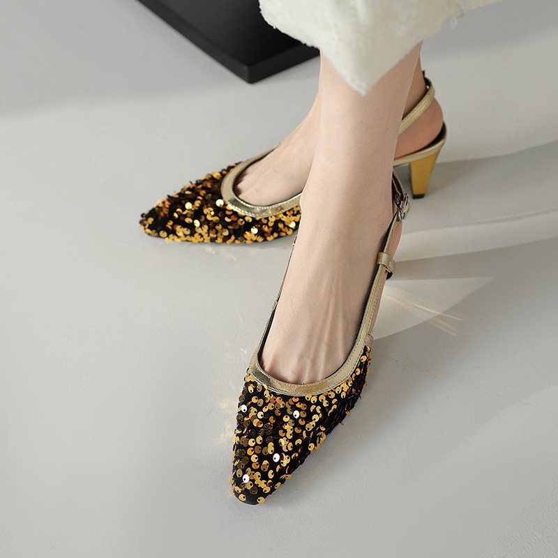 粗跟法式复古方头一字扣带包头凉鞋女款仙女风~亮片银色高跟鞋女