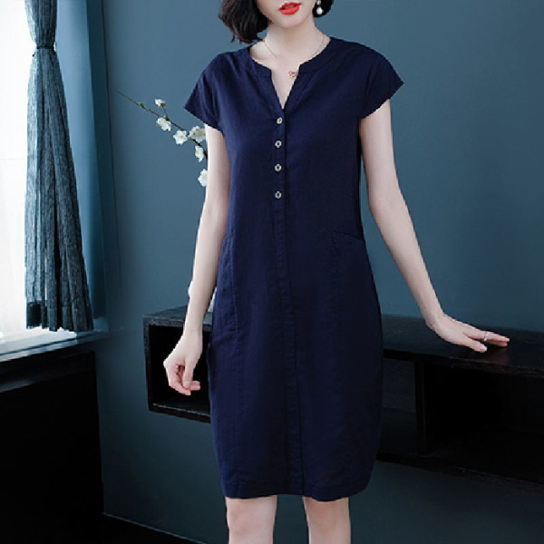 Summer 2022 Korean Style V-neck Short-Sleeved Dress for Moms Temperament plus Size Solid Color Buttons A- line Dress Age-Reducing Skirt