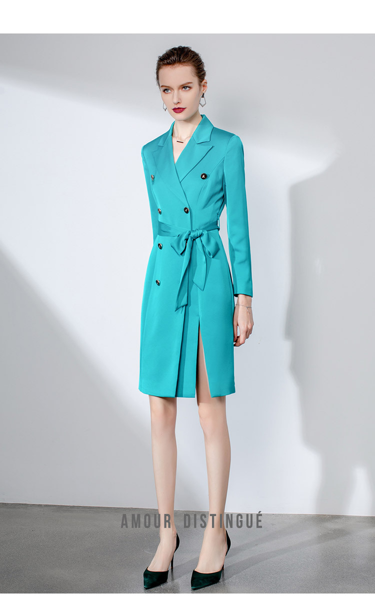 秋冬双排扣湖蓝绿西装连衣裙时尚前开叉系带女神范显瘦中长款女裙