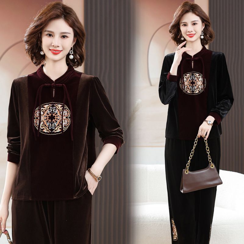 新款气质中年妈妈装秋装套装金丝绒上衣裤子两件套宽松中老年女装