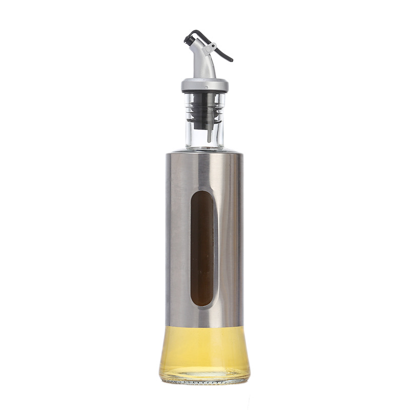 Kitchen Oil Bottle Non-Oil-Stick Glass Soy Sauce with Scale Leak-Proof Seasoning Bottle Set Household Stainless Steel Leather Oiler