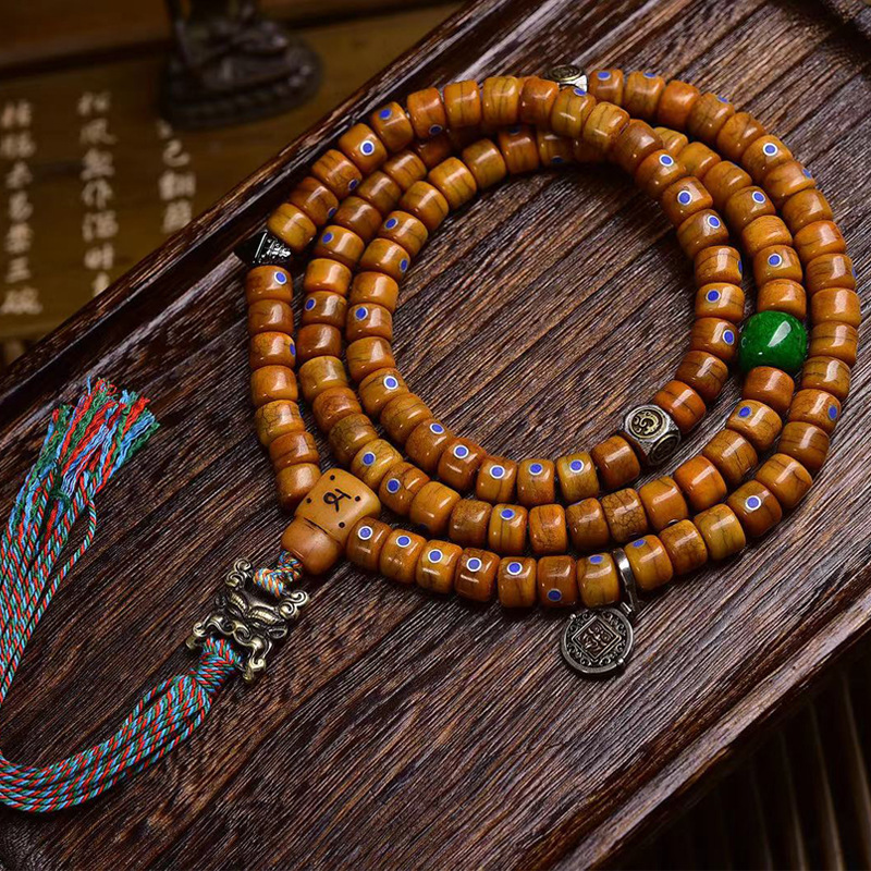 藏传回流桶珠108颗佛珠念珠青金石镶嵌多圈手串藏式复古文玩饰品