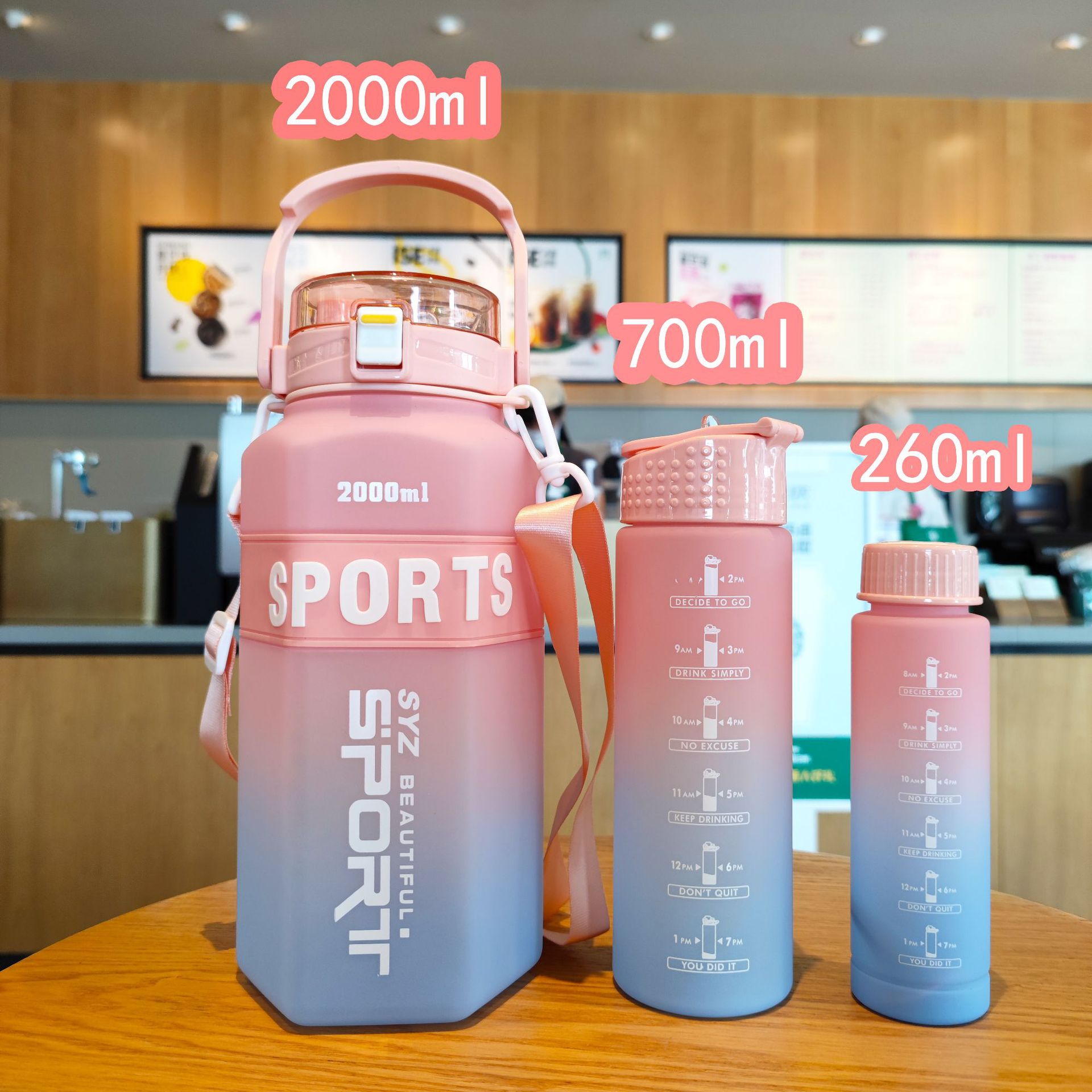 Large Capacity Gradient Color Water Bottle Fitness Sports Water Bottle Outdoor Straw Three-Piece Hexagonal Double Drink Plastic Water Cup