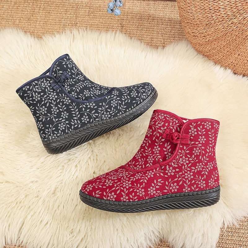 Support Processing Customized New Product Winter Old Beijing Cloth Shoes Women's Cotton Slippers High-Top with Velvet Chinese Knot Printed Cotton Shoes