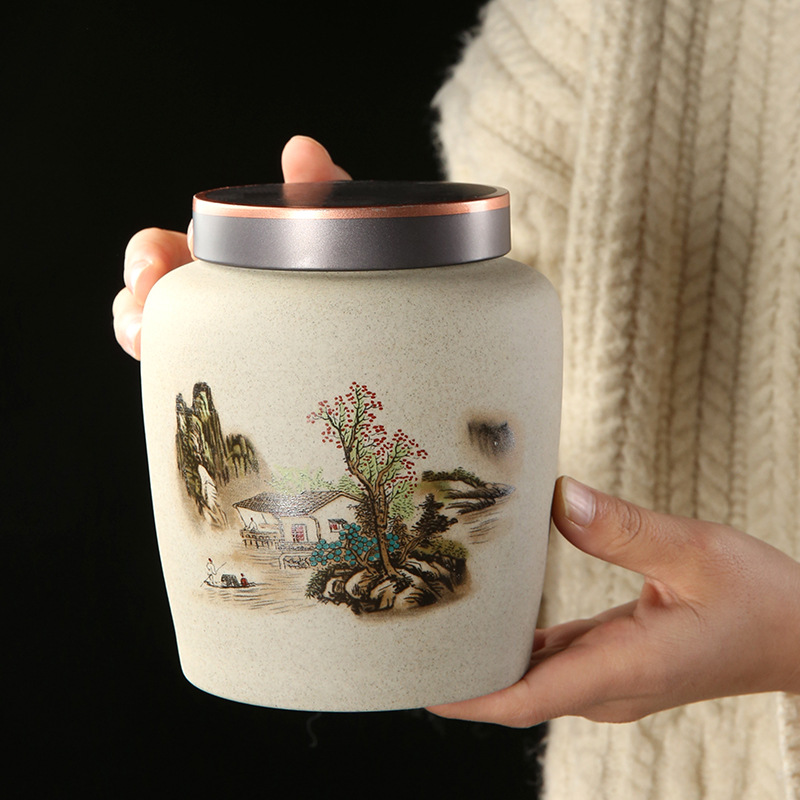 茶叶罐粗陶陶瓷茶叶罐大号家用密封罐防潮红绿普洱复古山水储存罐