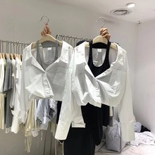 韩国东大门女装2024春季新款露肩设计感假两件短款长袖衬衫女上衣
