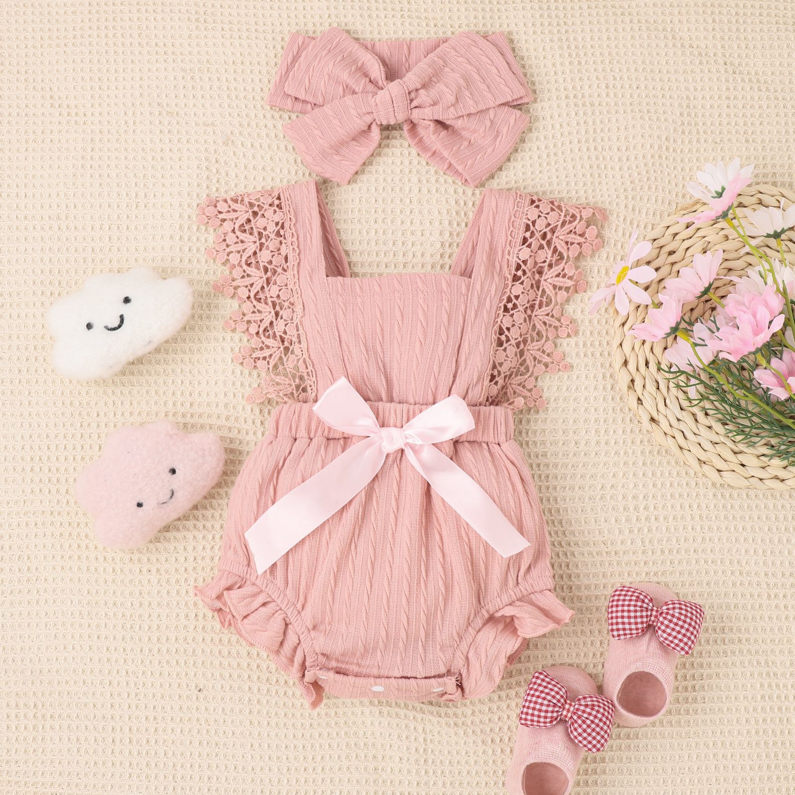 Baby Girl Baby Jumpsuit Pure Cotton Ins Style Romper Baby Summer One-Piece Sleeveless Stitching Lace Edge Romper Baby Clothes