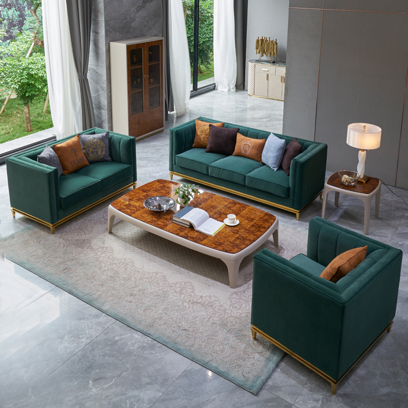 美式轻奢小户型客厅皮布沙发不锈钢金属底座样板房别墅影楼家具