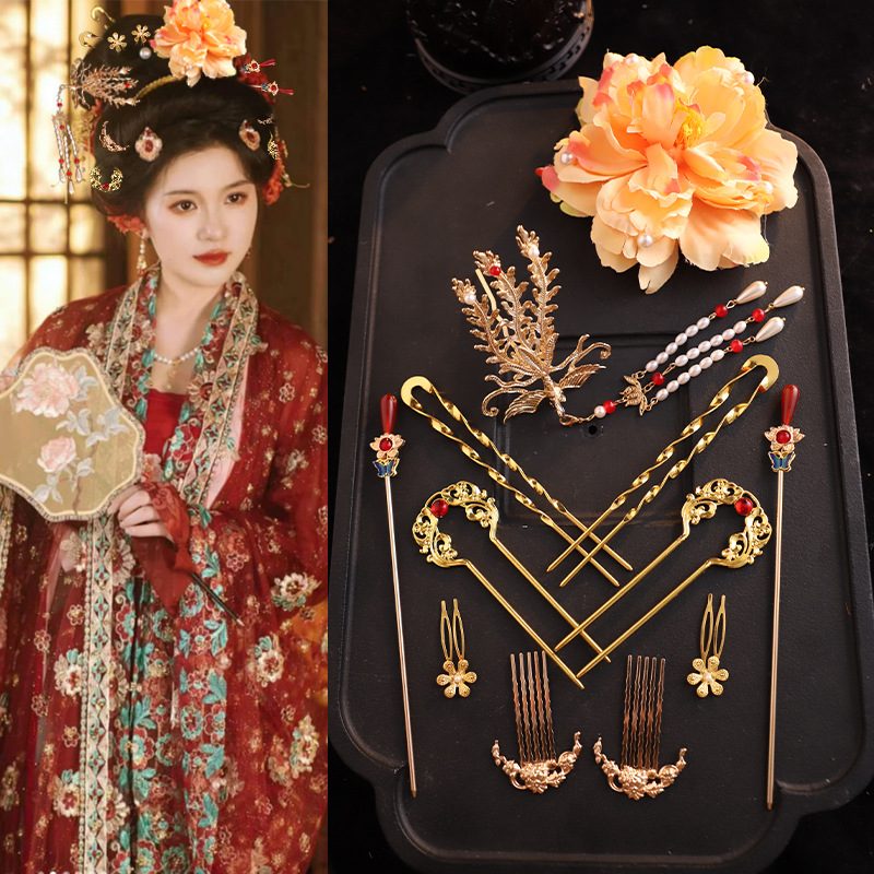 复古宫廷发饰大女主凤凰发冠牡丹绢花皇后发饰流苏发簪饰品组合