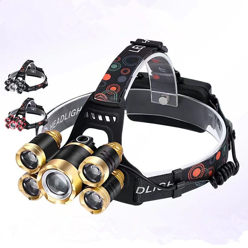 头戴式头灯5led感应头灯t6强光变焦头灯5头捕猎钓鱼灯led夜钓灯