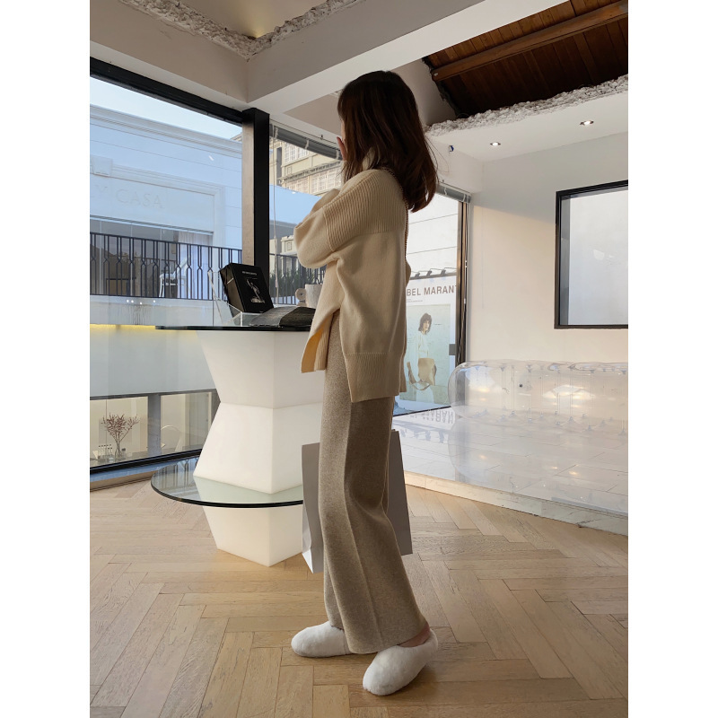 Autumn and Winter New Knitted Wide-Leg Pants Women's High Waist Drooping Mop Casual Straight Pants Soft Glutinous Niche Design Trousers